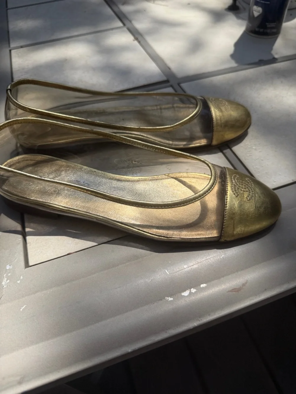Rare CHANEL Gold leather Cap-Toe PVC transparent Flats cruise collection 37.5
